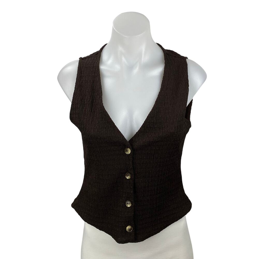Zara Women Brown Sleeveless Crinkle Knit V Neck Button Up Vest Blouse Top Size S